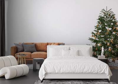 Living Room Christmas interior in Scandinavian style. Christmas tree with gift boxes. Orange sofa on bright wall Mockup. Wall mural