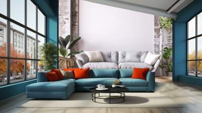 Living room design in loft apartment, white sofa on empty wall mockup, 3d render Wall mural