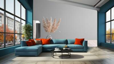 living room interior mock up, modern furniture and trendy home accessories, on gray background, panorama Wall mural