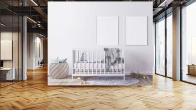 Mock up frame in newborn bedroom, two white frames on gray background interior with white crib and rattan basket Wall mural