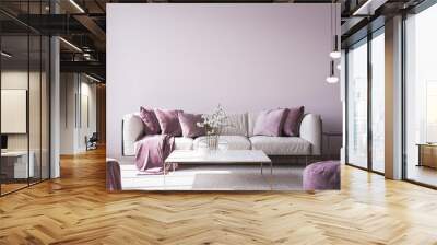 Modern sofa on light pink wall background with trendy home accessories, home decor interior, luxury living room Wall mural