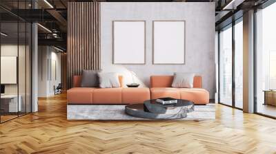 Poster mock up of Scandinavian interior design of orange living room with couch furniture, vintage beige wallpaper background with wooden wall stripes, wood empty frames and black table. .3d render Wall mural