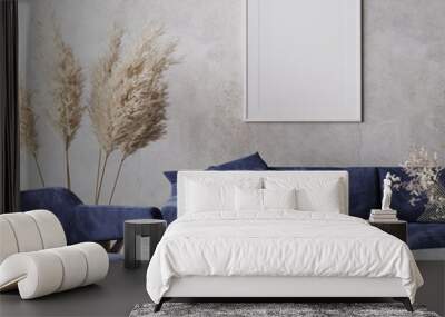 Rustic room design with dark blue sofa and dried flowers on gray interior background, 3d render  Wall mural