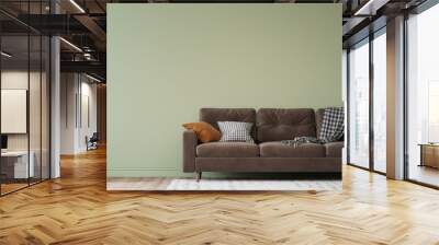 Simple minimal modern style interior, brown sofa on green wall background, 3d render Wall mural