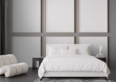 Six wooden vertical frame mockup on gray wall. 3d render.
 Wall mural