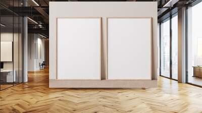 Vertical wooden frame mock up on beige floor. Set of two wooden frame mock up poster. Two vertical frame 3D render Wall mural