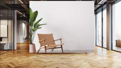 Wall mock up in white simple and minimal interior with wooden furniture, 3d render Wall mural