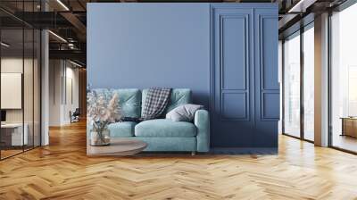 Wall mockup in classic blue living room with natural wooden furniture and comfy turquoise sofa, 3d render Wall mural