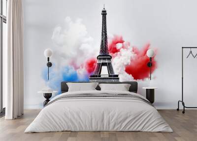 Eiffel Tower in a cloud of smoke in the colors of the French flag : blue, white, red - Ceremony, sporting event or olympics concept. Editotial. Spacy text. Wall mural