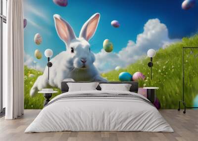 White bunny runs after Easter eggs flying in the blue sky of a meadow. Colored and decorated Easter eggs. Card, banner - Commercial events. Copy-space Wall mural