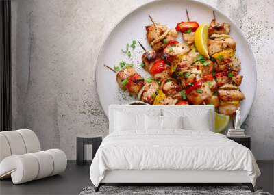 Chicken kebab skewers on a plate . Top view with copy space. Wall mural