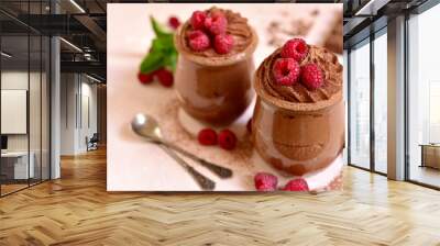 Homemade chocolate mousse with fresh raspberry. Wall mural