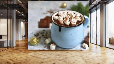 Homemade festive hot chocolate in a blue vintage cup. Wall mural