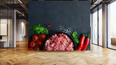 Homemade minced meat with vegetables and spices. Top view with copy space. Wall mural