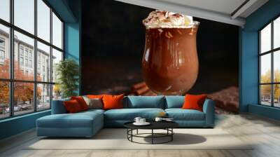 Homemade spicy hot chocolate with whipped cream in a glass. Wall mural