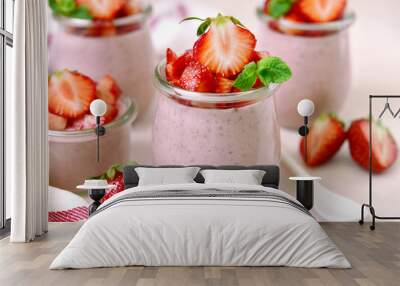 Homemade strawberry mousse in a vintage glass jar. Wall mural