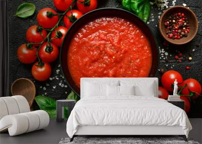 Homemade tomato sauce passata - traditional recipe of italian cuisine.Top view with copy space. Wall mural