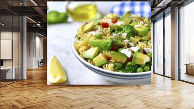 Pasta salad with green vegetables and feta. Wall mural