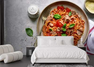 Pasta spaggeti with tuna and tomato sauce. Top view with copy space. Wall mural