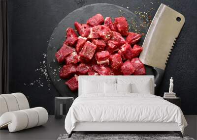 Raw organic meat ( beef or lamb ) . Top view with copy space. Wall mural