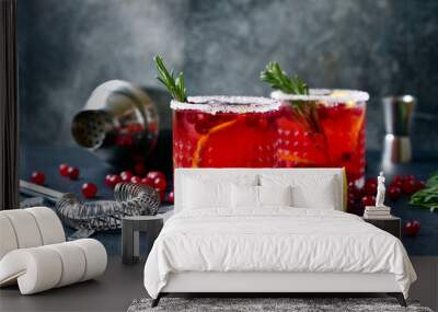 Red christmas cocktail with cranberries and oranges. Wall mural