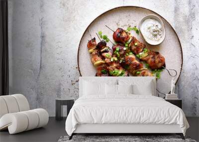 Roasted chicken kebab or souvlaki. Top view with copy space. Wall mural