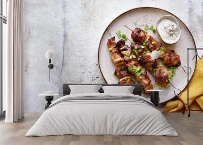 Roasted chicken kebab or souvlaki. Top view with copy space. Wall mural