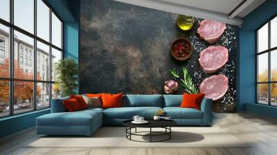 Slices of raw organic pork meat with ingredient for making. Top view with copy space. Wall mural