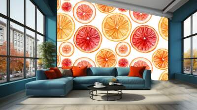 Watercolor seamless pattern with citrus fruit slices: orange, mandarin, grapefruit. Summer repeating background isolated on white Wall mural