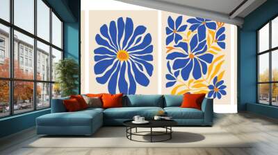 Abstract contemporary posters with floral design, aesthetic minimalist backgrounds set, modern trendy wall decoration in blue and yellow Wall mural