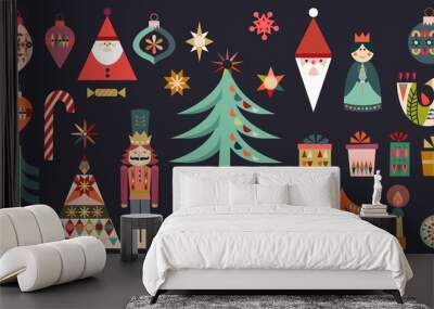 Abstract folk Christmas elements in flat style, geometric shape, winter design Wall mural