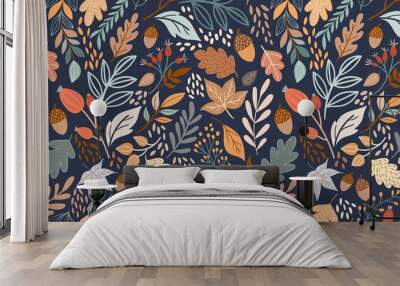 Autumn seamless pattern with different leaves and plants, seasonal colors Wall mural