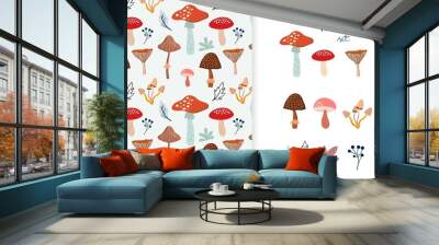 Autumn set with seamless pattern  and a collection with seasonal elements, different mushrooms and plants Wall mural