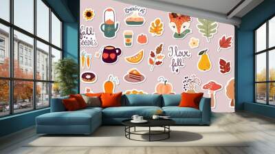 Autumn stickers, magnets collection with cute seasonal elements Wall mural