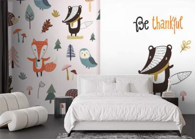 Autumn woodland set with seamless pattern and greeting card, forest cute animals, childish background design  Wall mural