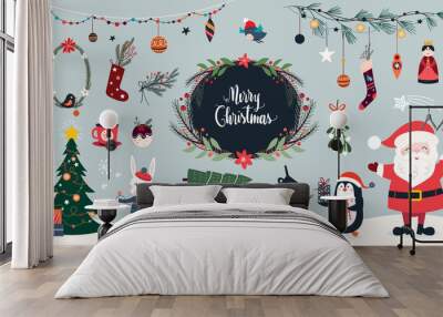 christmas collection of seasonal elements with santa and snowman, hand drawn items, vector design Wall mural