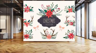 Christmas hand drawn decorative collection of floral arrangements with antlers and poinsettia, vector design Wall mural