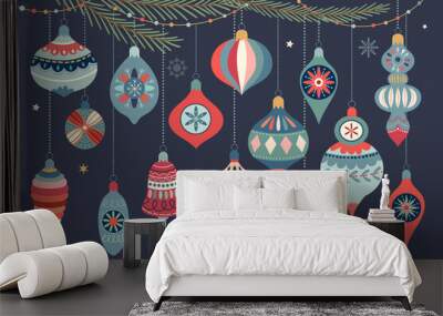 Christmas ornaments collection with decorative Christmas balls, winter design Wall mural