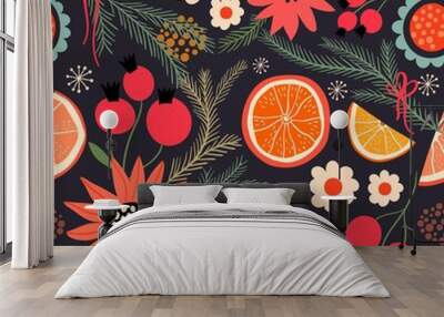 Christmas seamless pattern with orange slices and seasonal plants Wall mural