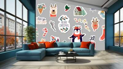 Christmas winter stickers collection with seasonal design, cute animals and elements for scrapbook Wall mural