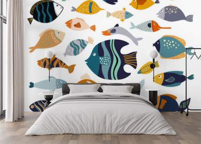 Fish collection with different decorative items isolated on white Wall mural