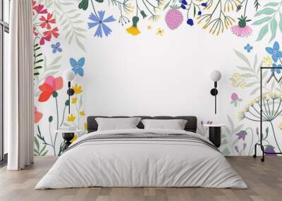 Floral border, decorative frame with meadow flowers and plants, white background Wall mural