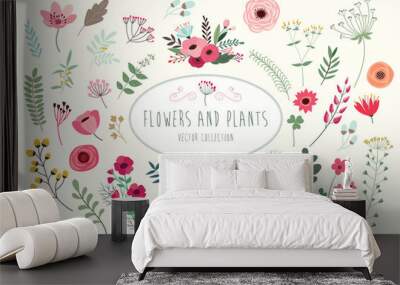 Flowers and plants. Hand drawn floral collection with flowers and leaves. Wall mural