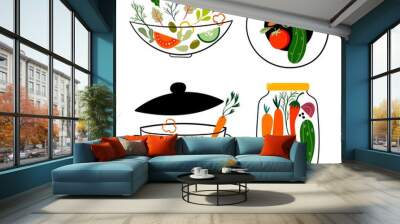 Fresh vegetables salad vector set, bowl, plate, saucepan and jar, elements isolated Wall mural