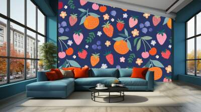 Fruits seamless pattern, decorative wallpaper with different  summer fruits, strawberry, raspberry, blueberry, cherries, small flowers and plants Wall mural