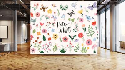 Hello Spring big collection with a variety of plants, flowers in bloom, butterflies, leaves and birds, seasonal design  Wall mural