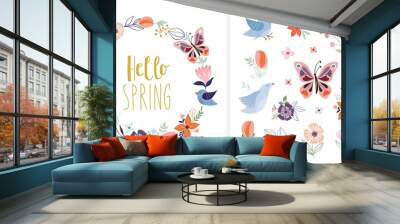 Hello spring collection with floral wreath and springtime elements, butterflies, flowers and birds, decorative design Wall mural