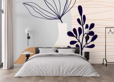 Minimalist art line wall art, poster, background with decorative leaves in vase. Modern contemporary design.
 Wall mural