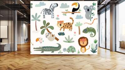 Safari animals and vegetation collection with cute elements isolated on white, baby kids nursery, vector design Wall mural