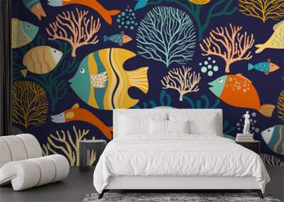 Seamless pattern with colorful fish and aquatic plants Wall mural